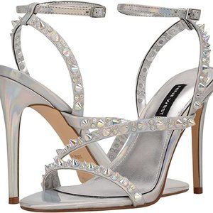 Nine West Mitz Iridescent Silver Strappy Dress Heeled Stiletto Sandal NIB